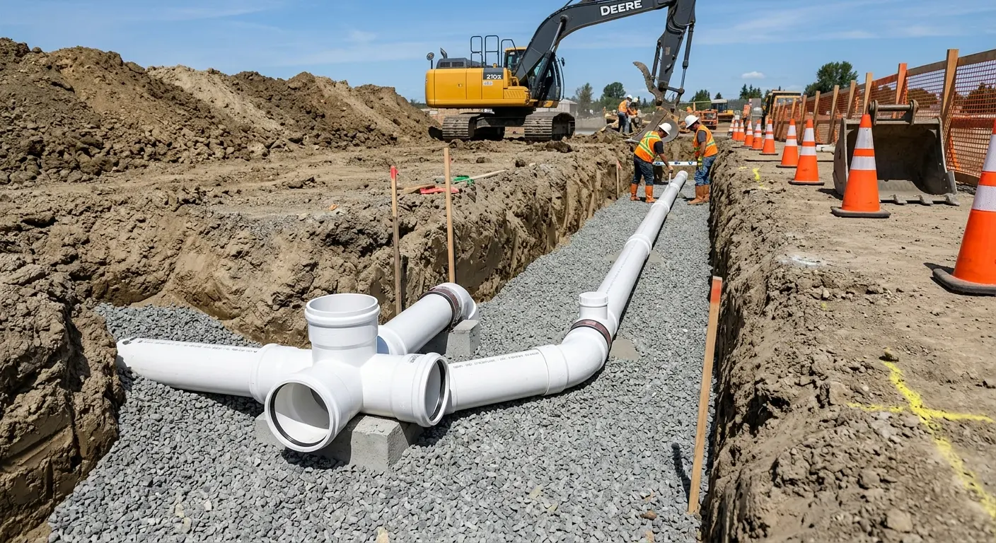 New PVC sewer pipe installation in open trench for Sewer Backup in Palmetto Bay