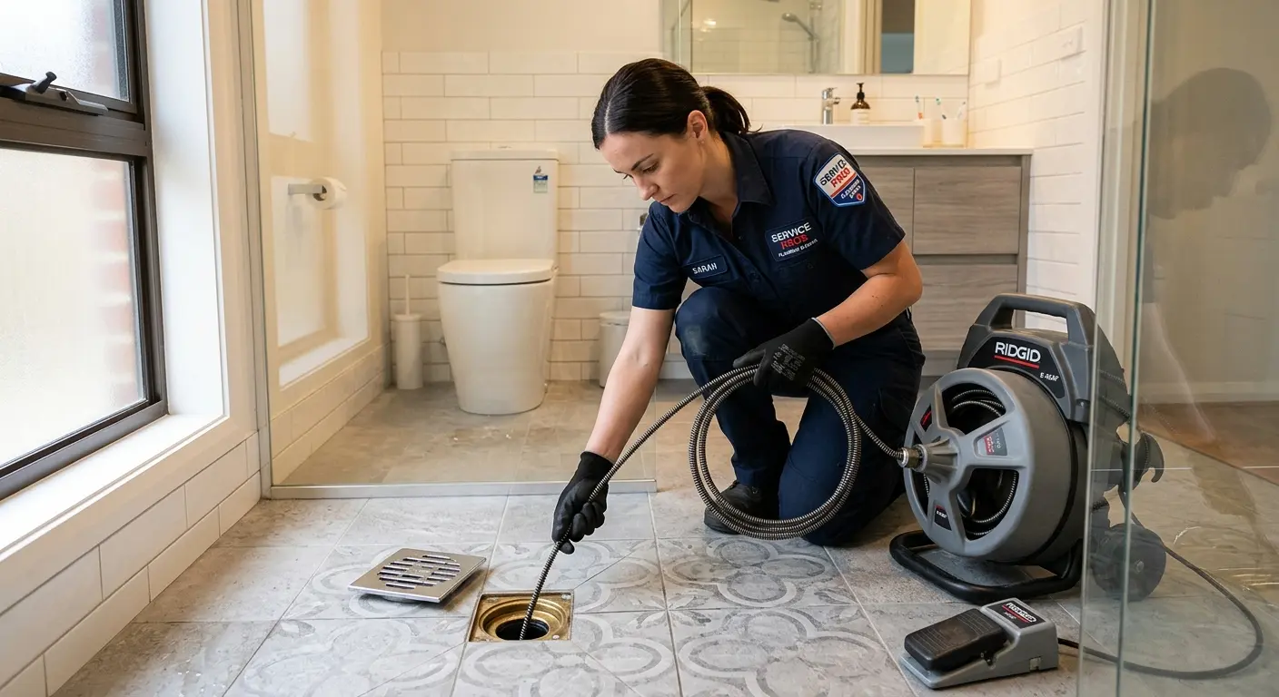 Technician clearing a bathroom floor drain for Sewer Line Replacement in Palmetto Bay